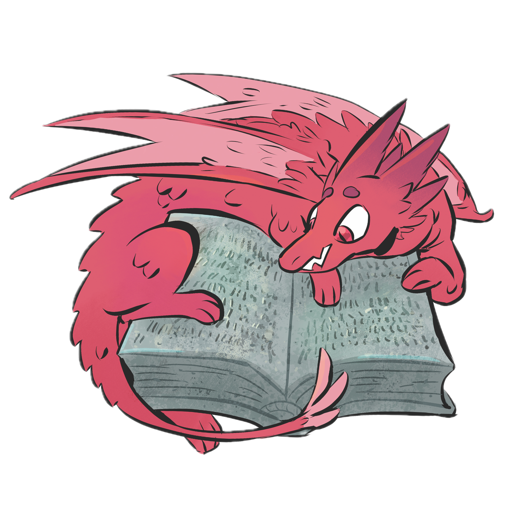A red dragon curled around a book