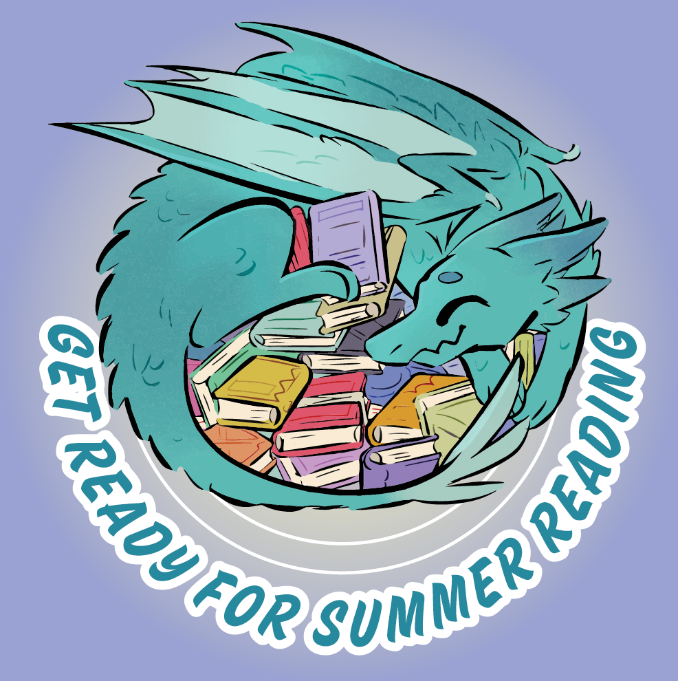 A Blue Dragon sleeping on a pile of books over the text "Get Ready for Summer Reading"