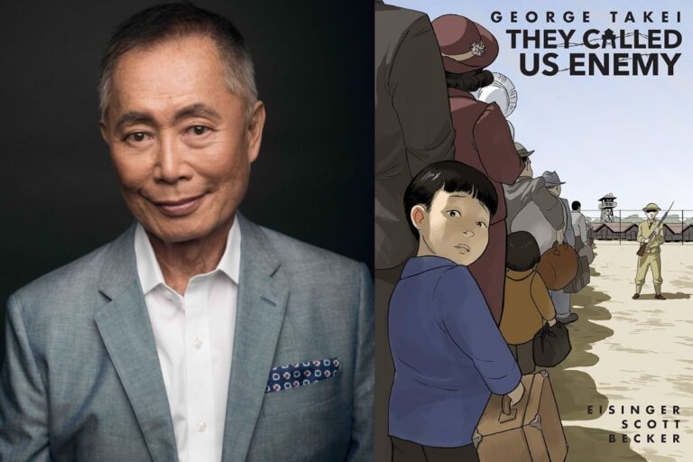 A portrait of author George Takei next to the cover of his book "They called us enemy"